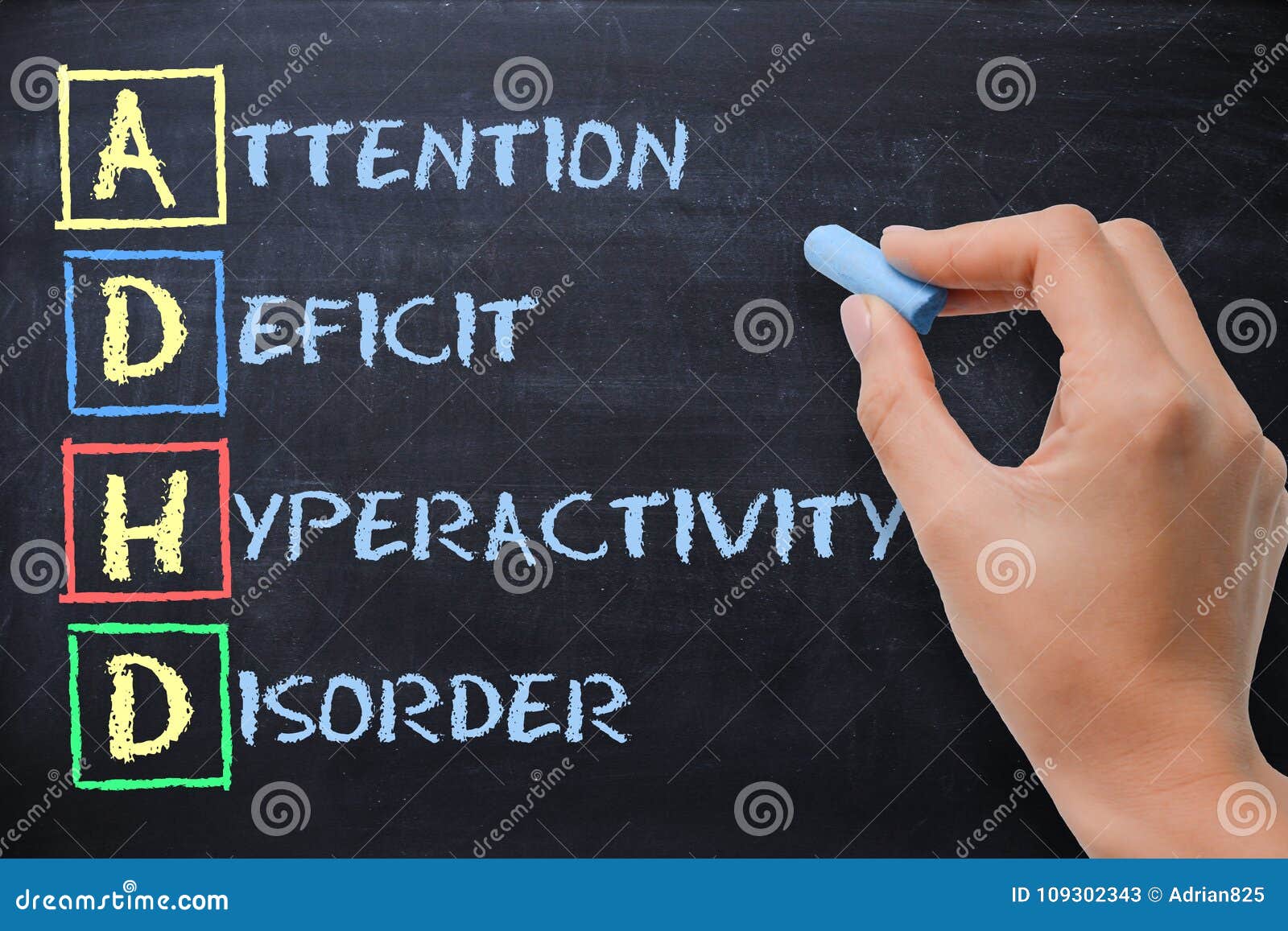 adhd Ã¢â¬â attention deficit hyperactivity disorder handwritten by woman on blackboard